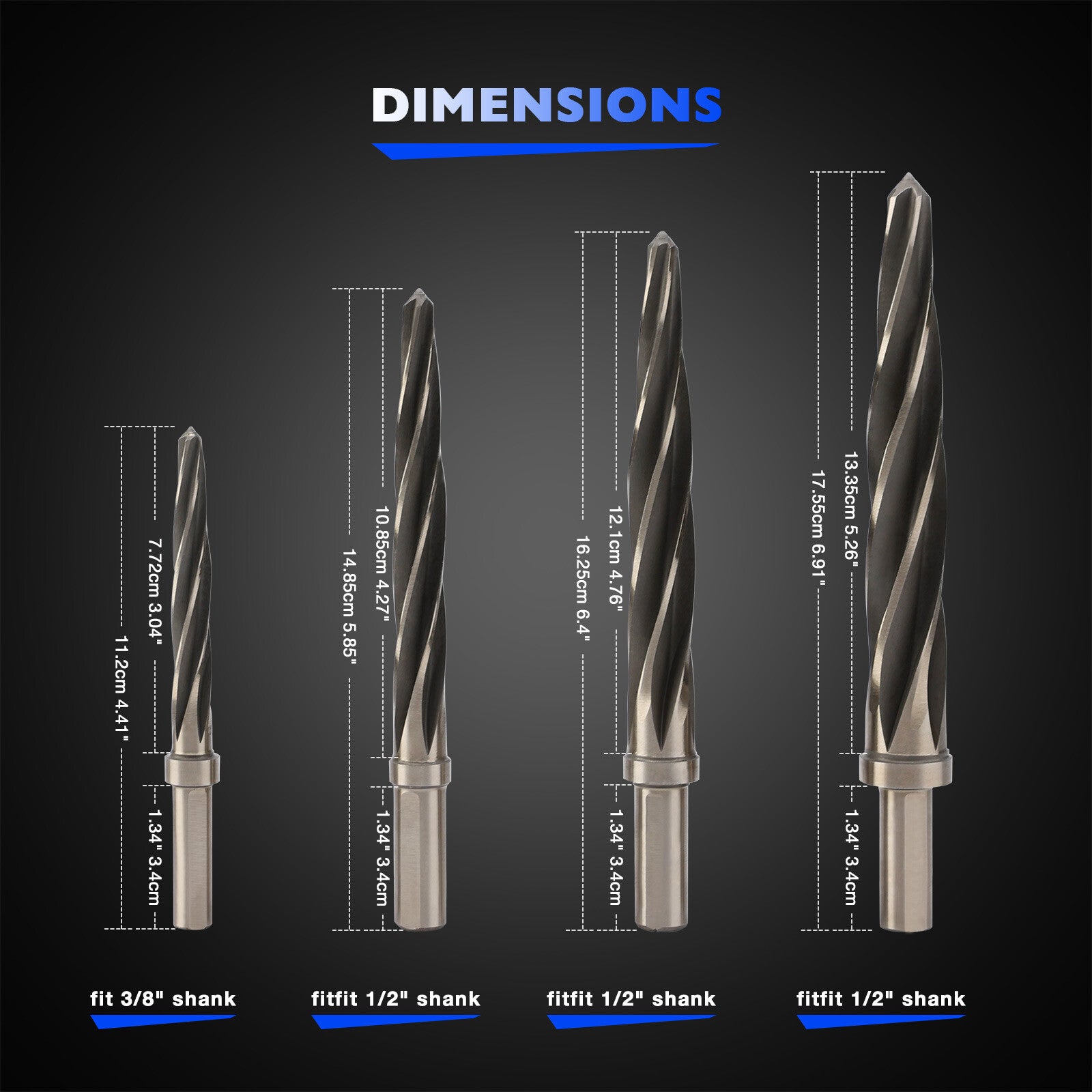 M2 HSS Taper Chucking Reamer Set 3/8 1/2 5/8 3/4 Fits Reamers Bit