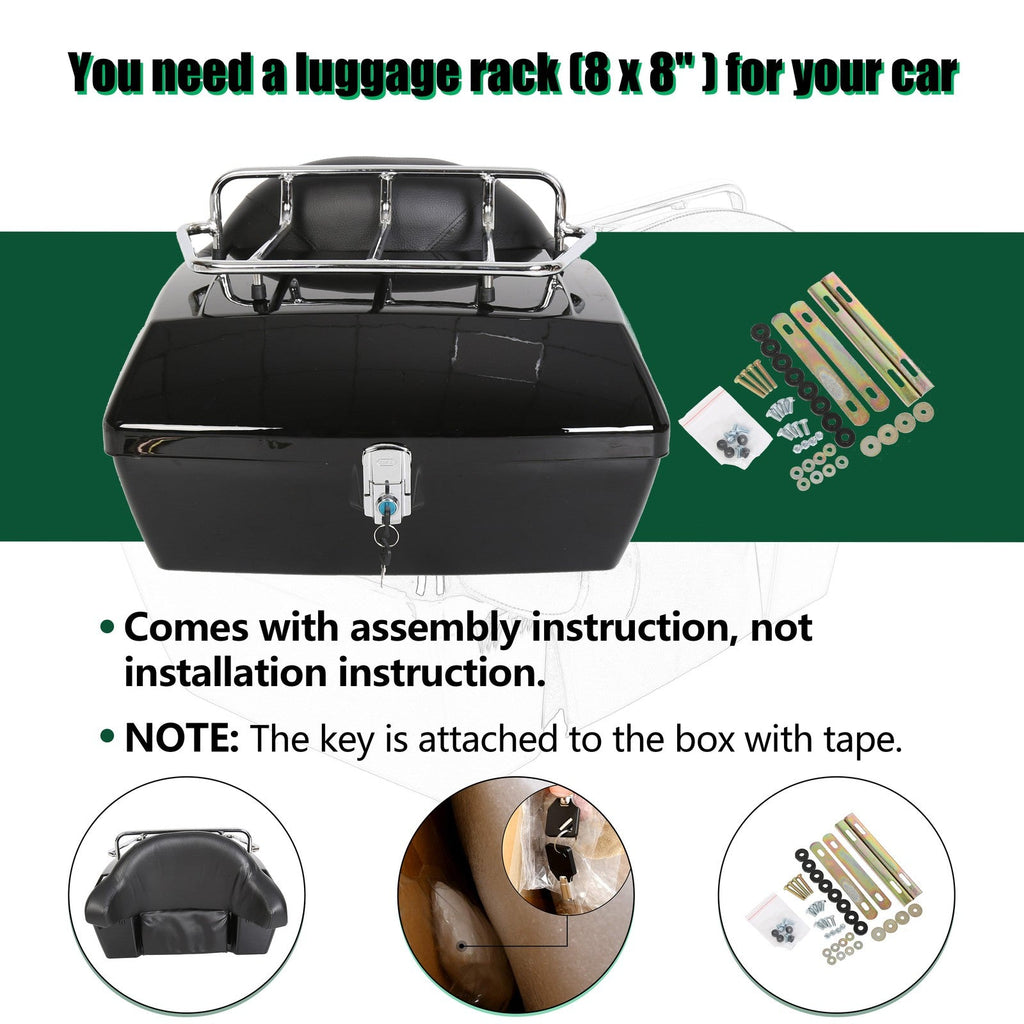 Universal Motorcycle Tail Box Luggage Trunk w/ Top Rack For Harley Honda Cruiser