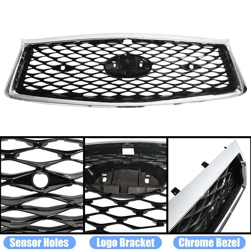 For 2018-2023 Infiniti Q50 Chrome Bezel Front Bumper Black Grille W/sensor holes