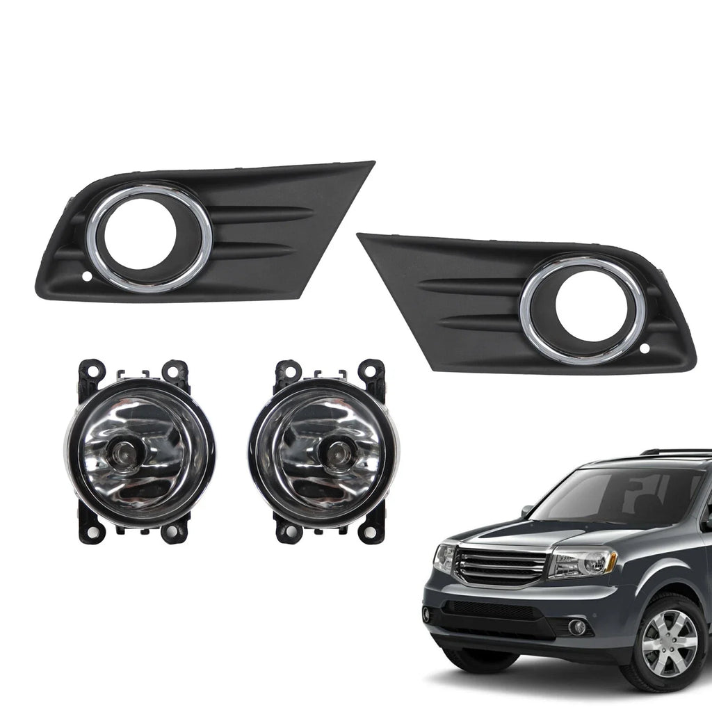 Right+Left Fog Light W/Cover & Chrome Trim For Honda Pilot 2012 2013 2014 2015